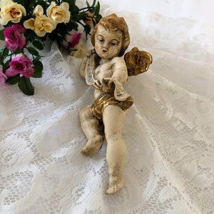 VINTAGE hand carved wood Putti Angel Cherub Figurine - 8" Wall Decor
